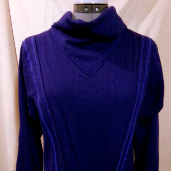 New Cowl neck Pullover Sweater Top M Navy Blue decorative stitched Dolman LongSl - Picture 2 of 6
